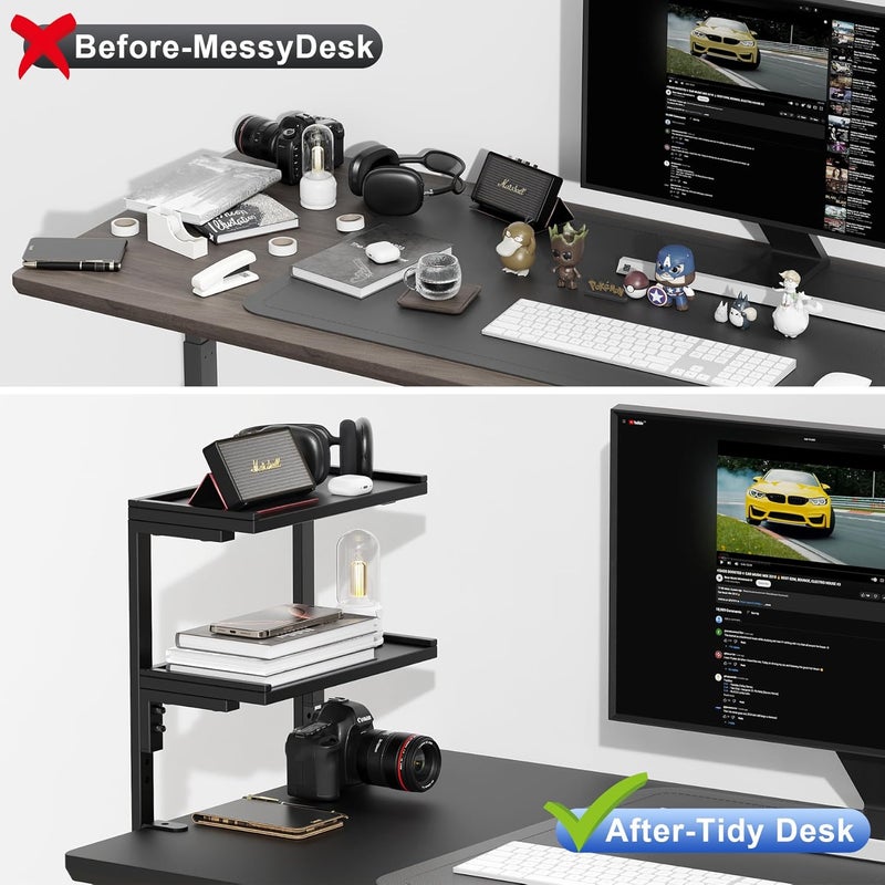 Spacrea clamp on Desk Shelf, 2 Tier Office Desk Shelves Organizer, Wood Desktop Supplies Storage Rack, Desk Organizers and Accessories (Black) - Image 4